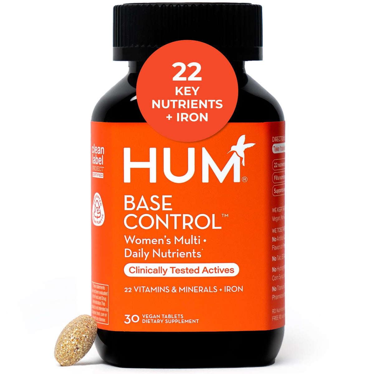 Hum Base Control bottle shows 22 vitamins for daily wellness