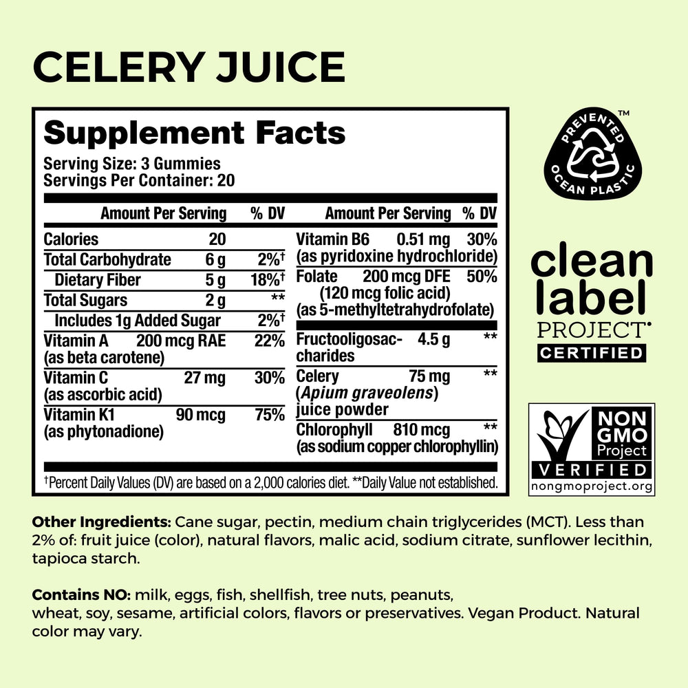 Hum Celery Juice Fiber Gummies label communicates chlorophyll and detox-related benefits.