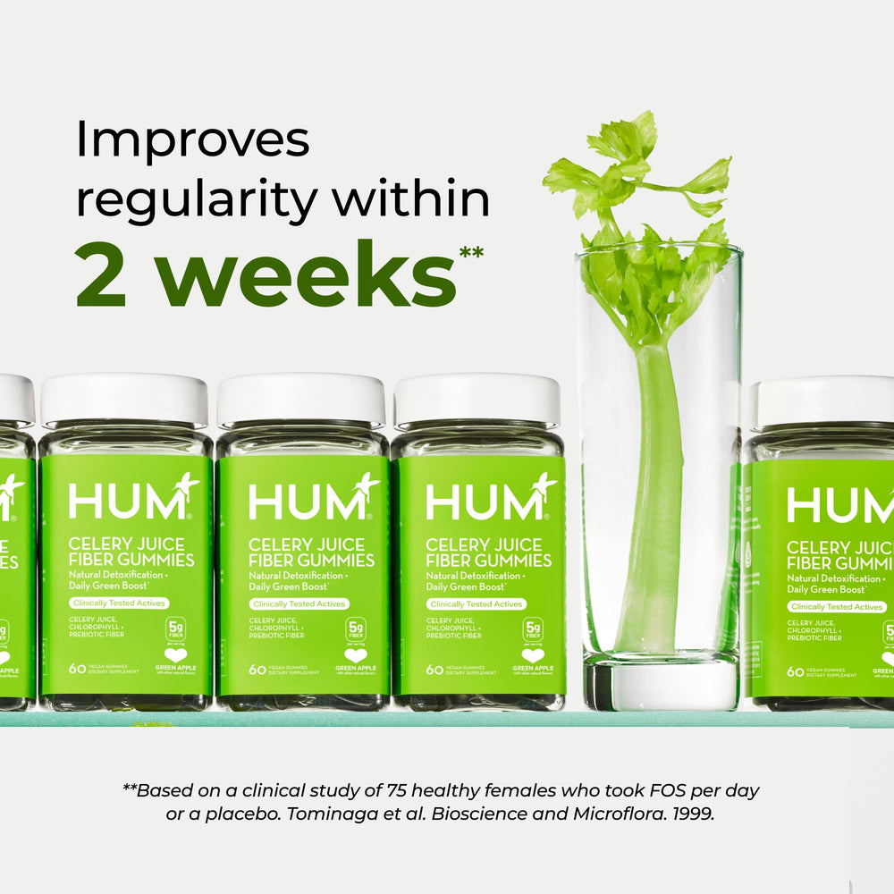 Hum Celery Juice Fiber Gummies daily dose concept shows convenient wellness routine.