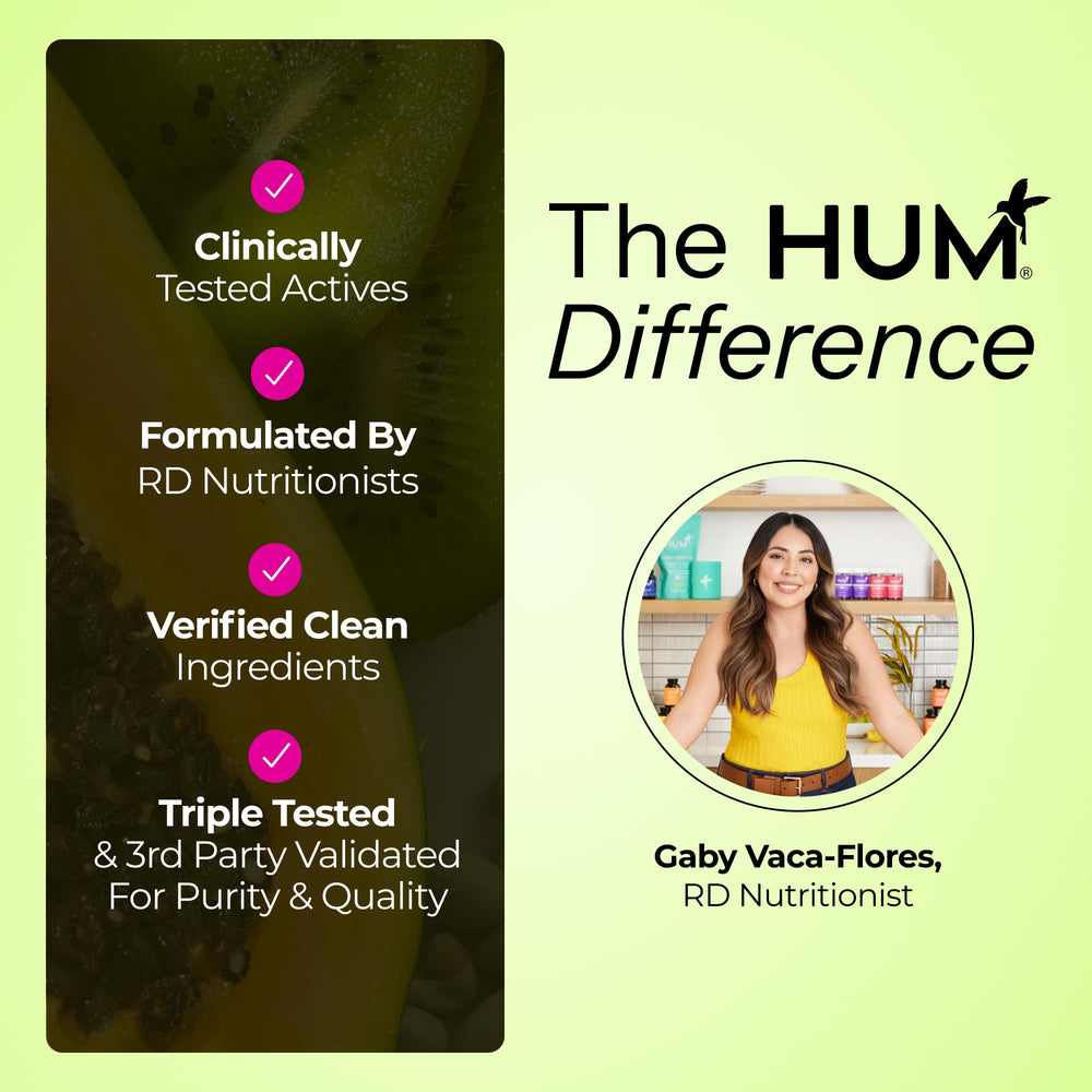 Hum Celery Juice Fiber Gummies vegan gummies shown on a kitchen counter.