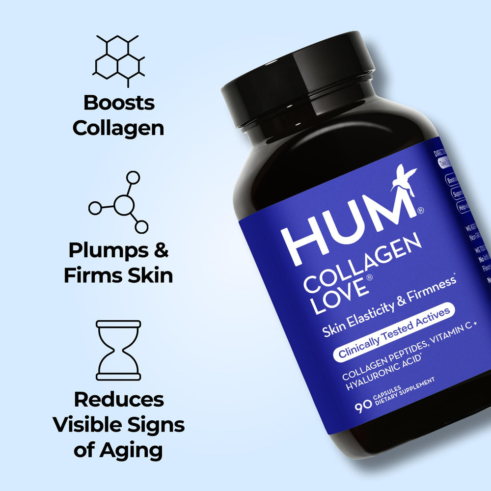 HUM Collagen Love Skin with hyaluronic acid and vitamin C panel highlighting skin hydration ingredients.