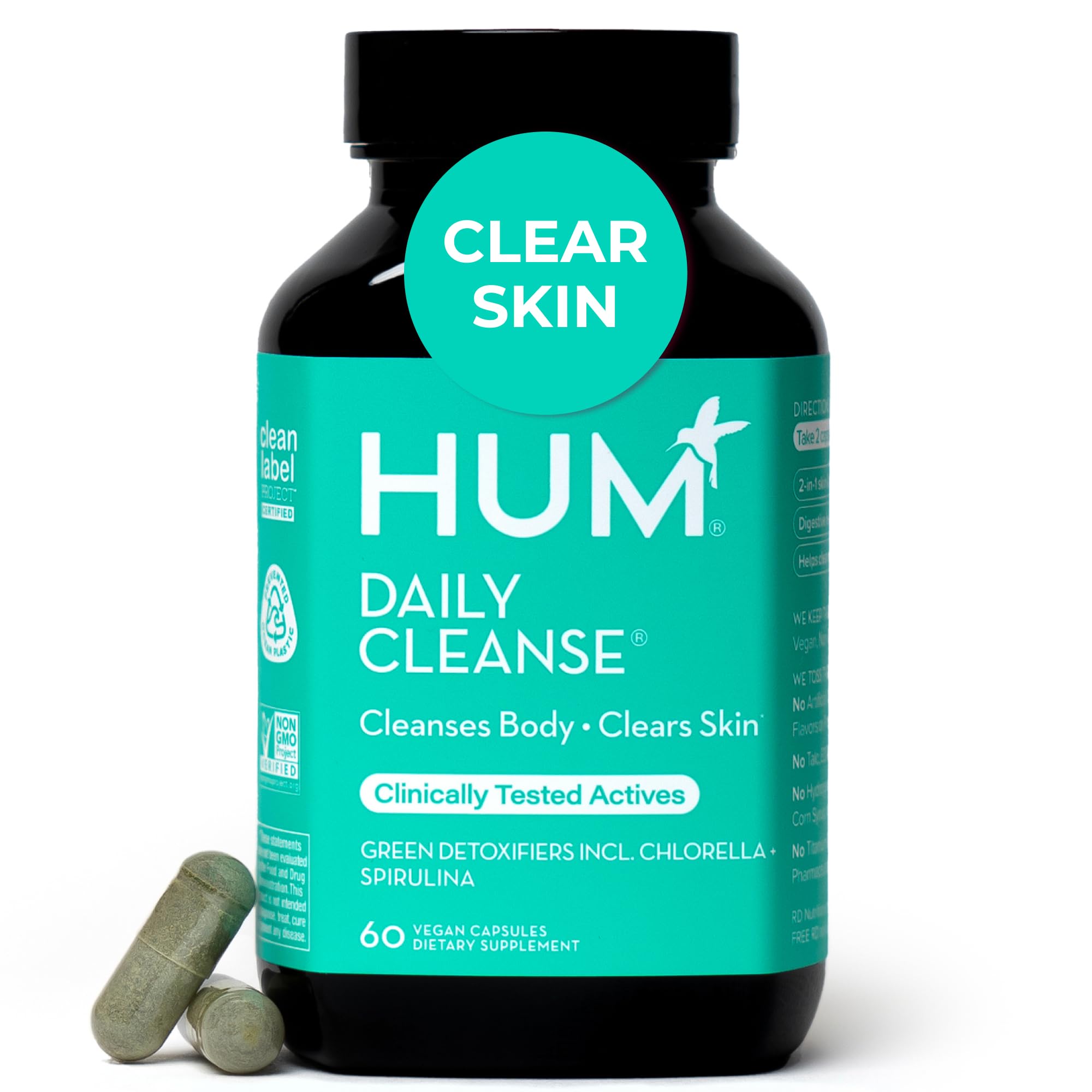 Hum Daily Cleanse bottle front promotes skin clarity and gentle detox