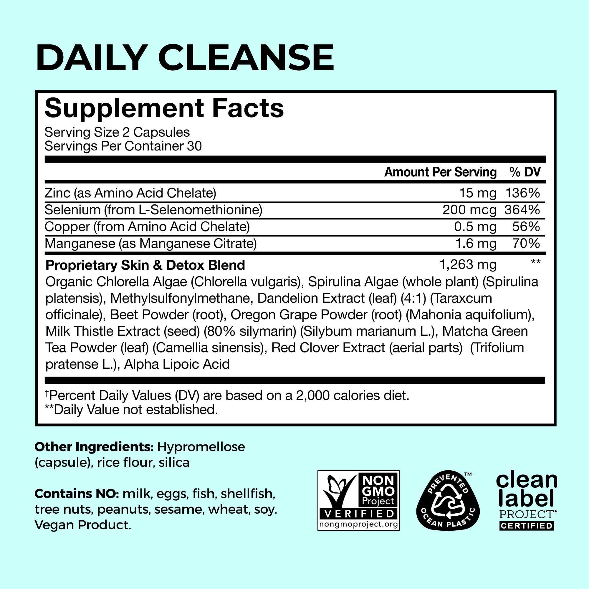 Hum Daily Cleanse label detail shows vegan, non-GMO, clean ingredients
