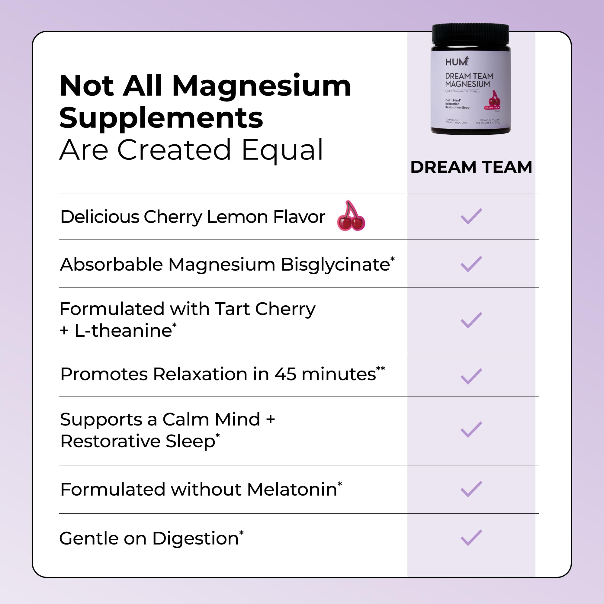 Gluten-free and vegan notes accompany Hum Dream Team label.