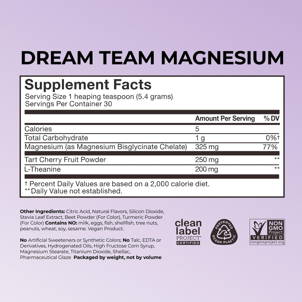 Close-up of Hum Dream Team ingredients highlighting magnesium bisglycinate and L-theanine.