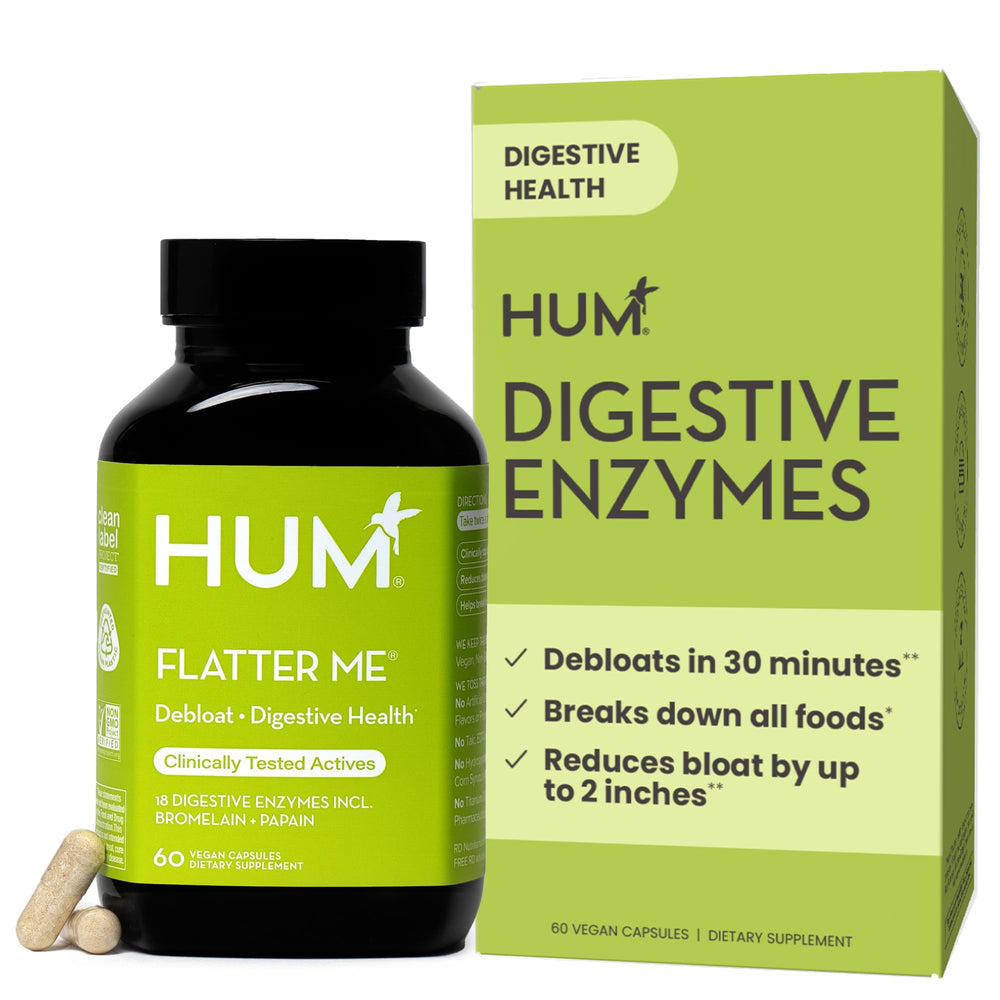 HUM Flatter Me bottle front shows a fast-acting digestive support for quick relief.