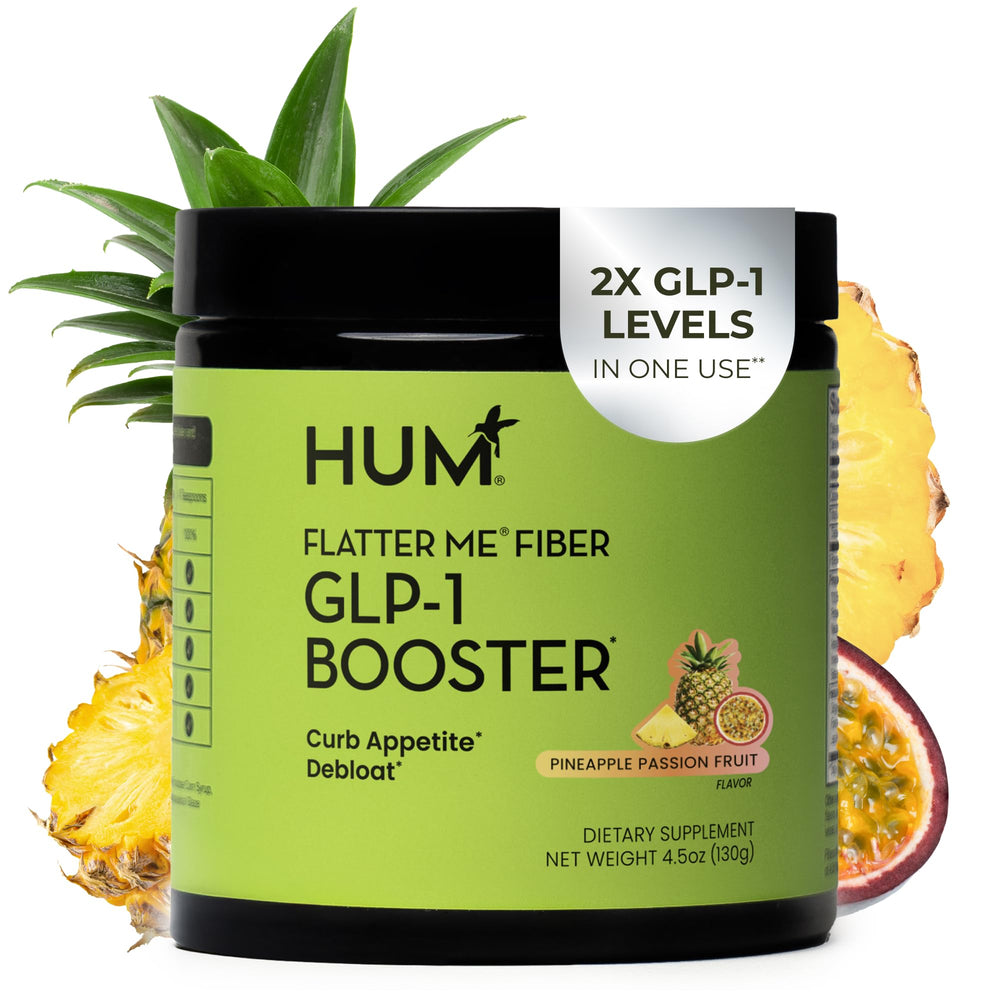 HUM Flatter Me bottle front highlighting fiber blend for appetite control