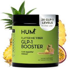 HUM Flatter Me bottle front highlighting fiber blend for appetite control