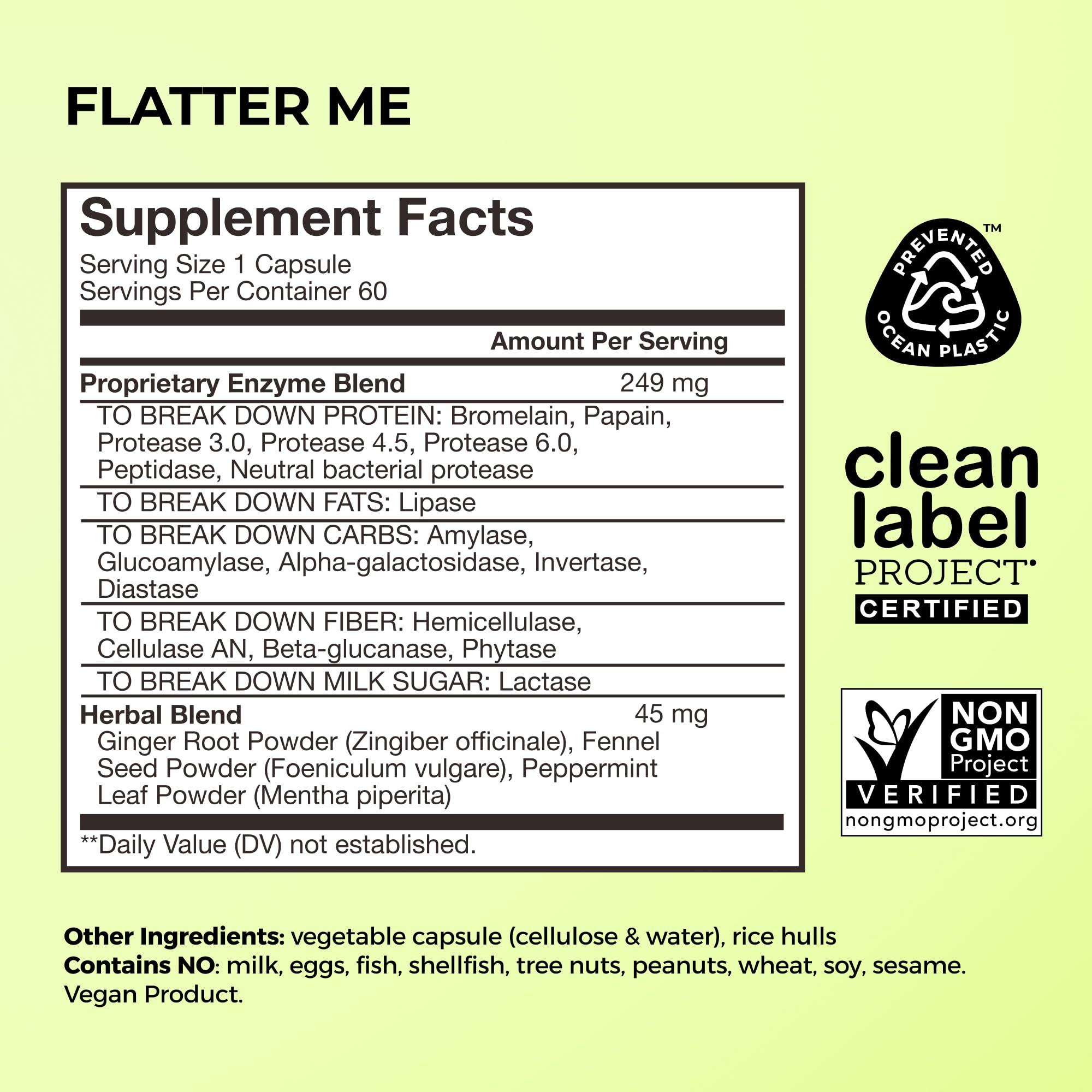 HUM Flatter Me capsules close-up highlights 18 enzymes for improved digestion after meals.