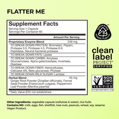 HUM Flatter Me capsules close-up highlights 18 enzymes for improved digestion after meals.