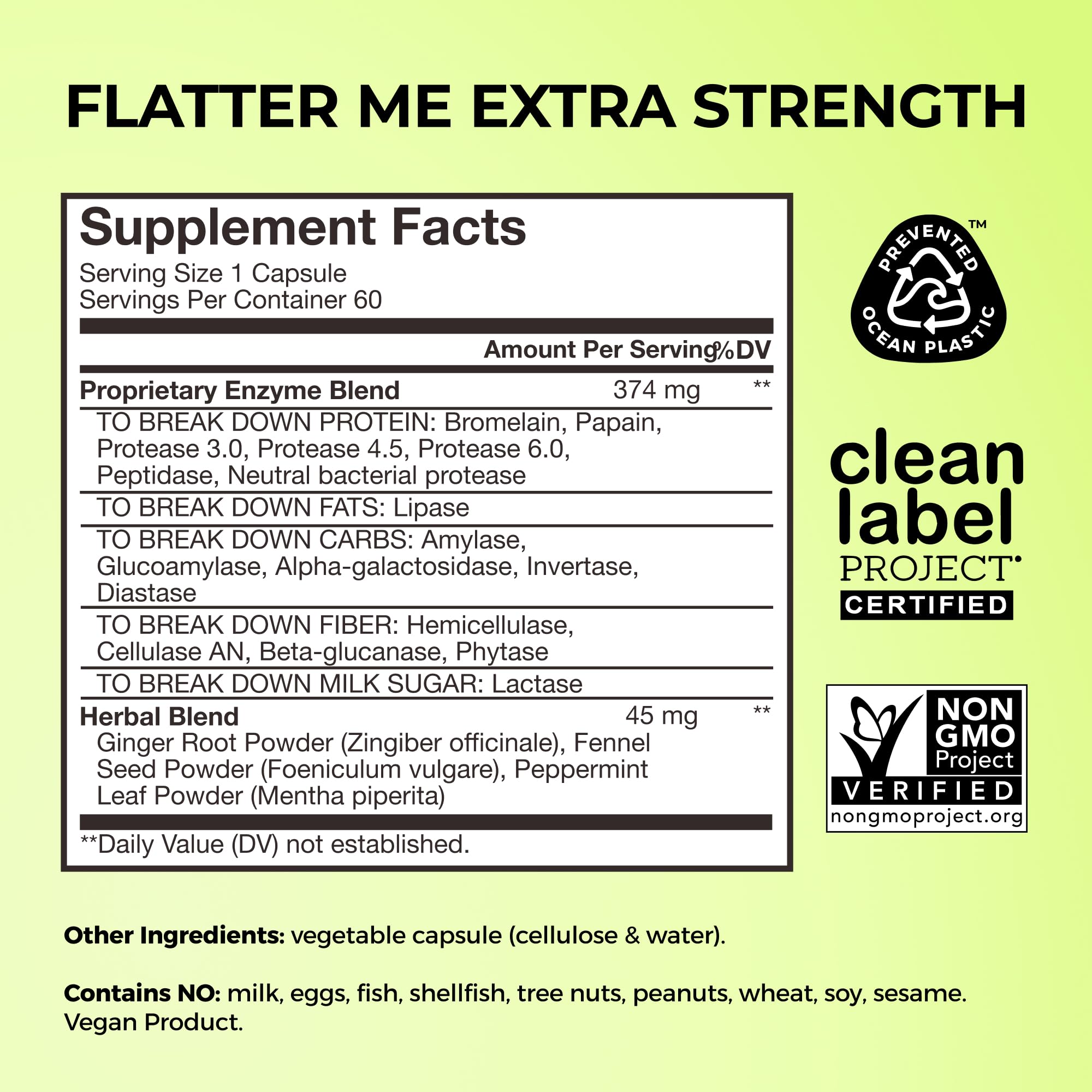 Hum Flatter Me capsules stacked highlight 60 capsules per bottle for ongoing support.
