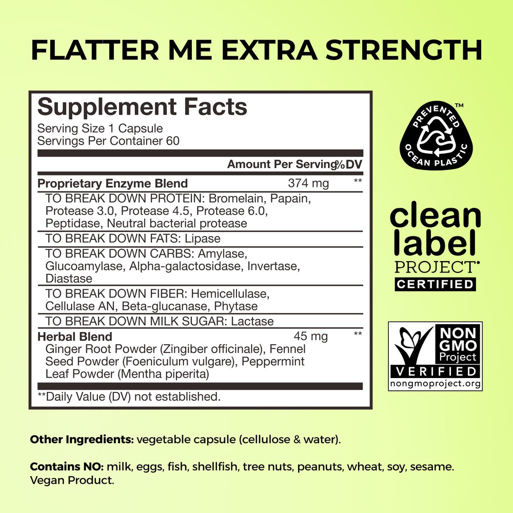 Hum Flatter Me capsules stacked highlight 60 capsules per bottle for ongoing support.