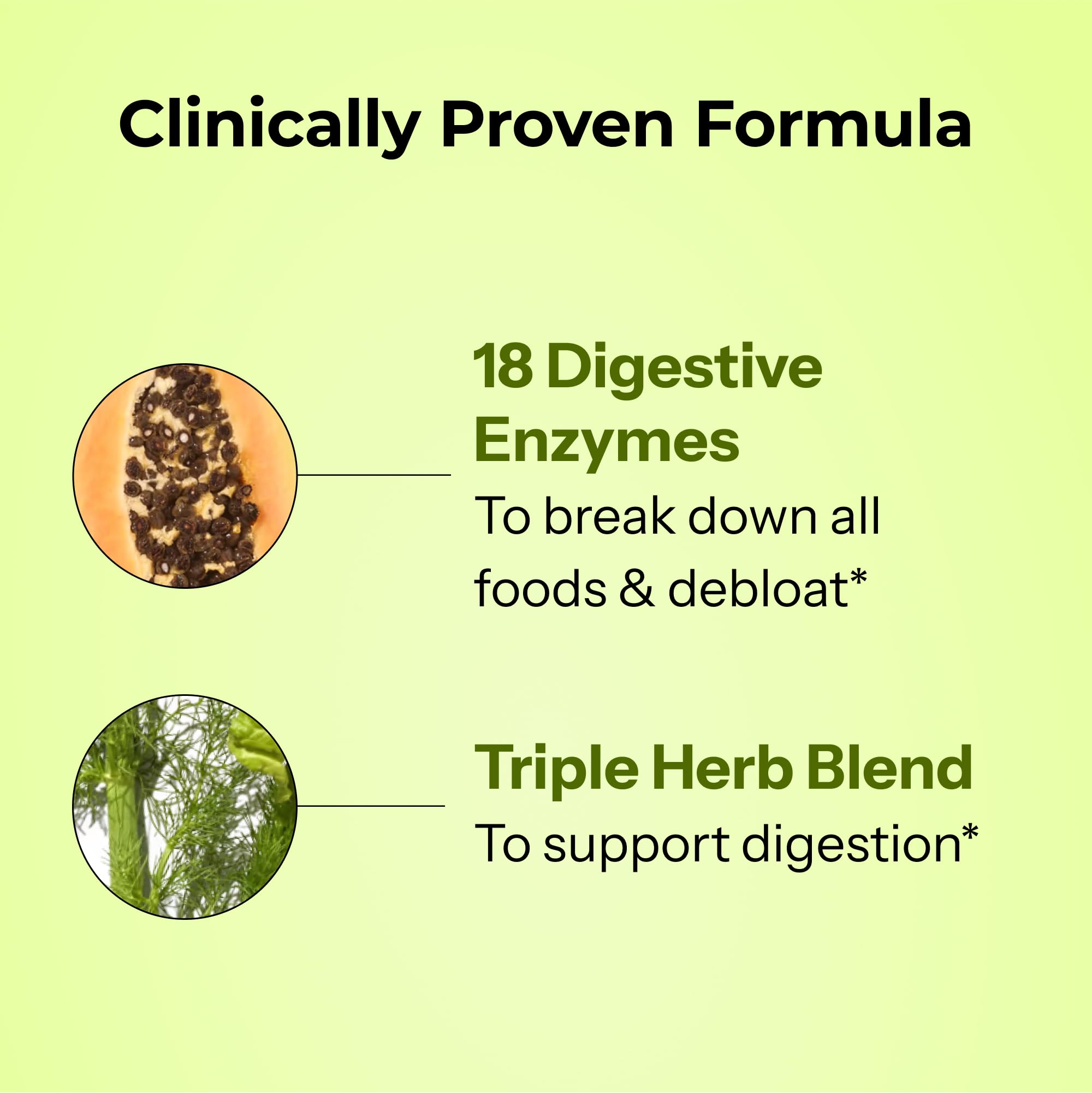 HUM Flatter Me enzyme blend graphic emphasizes full-spectrum digestive enzymes for protein, carbs, fats.
