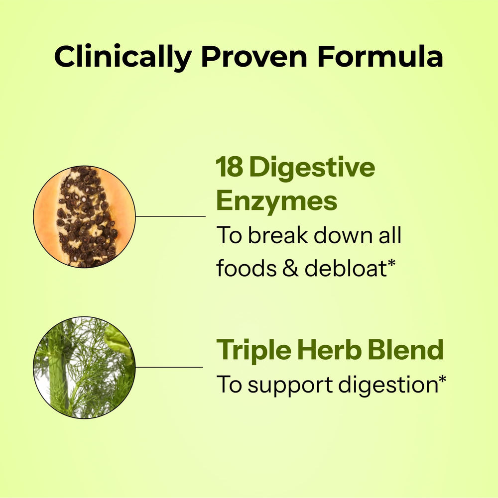 HUM Flatter Me enzyme blend graphic emphasizes full-spectrum digestive enzymes for protein, carbs, fats.