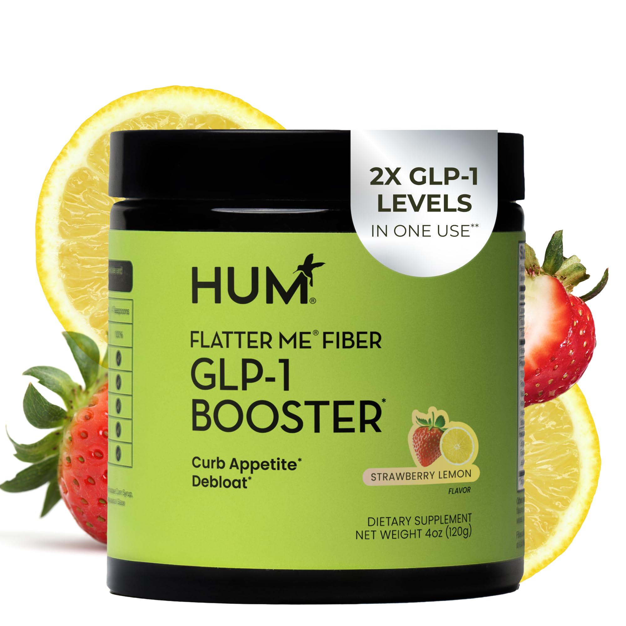 Hum Flatter Me fiber powder bottle label for daily use and appetite awareness.