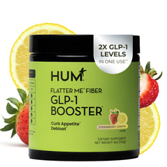 Hum Flatter Me fiber powder bottle label for daily use and appetite awareness.