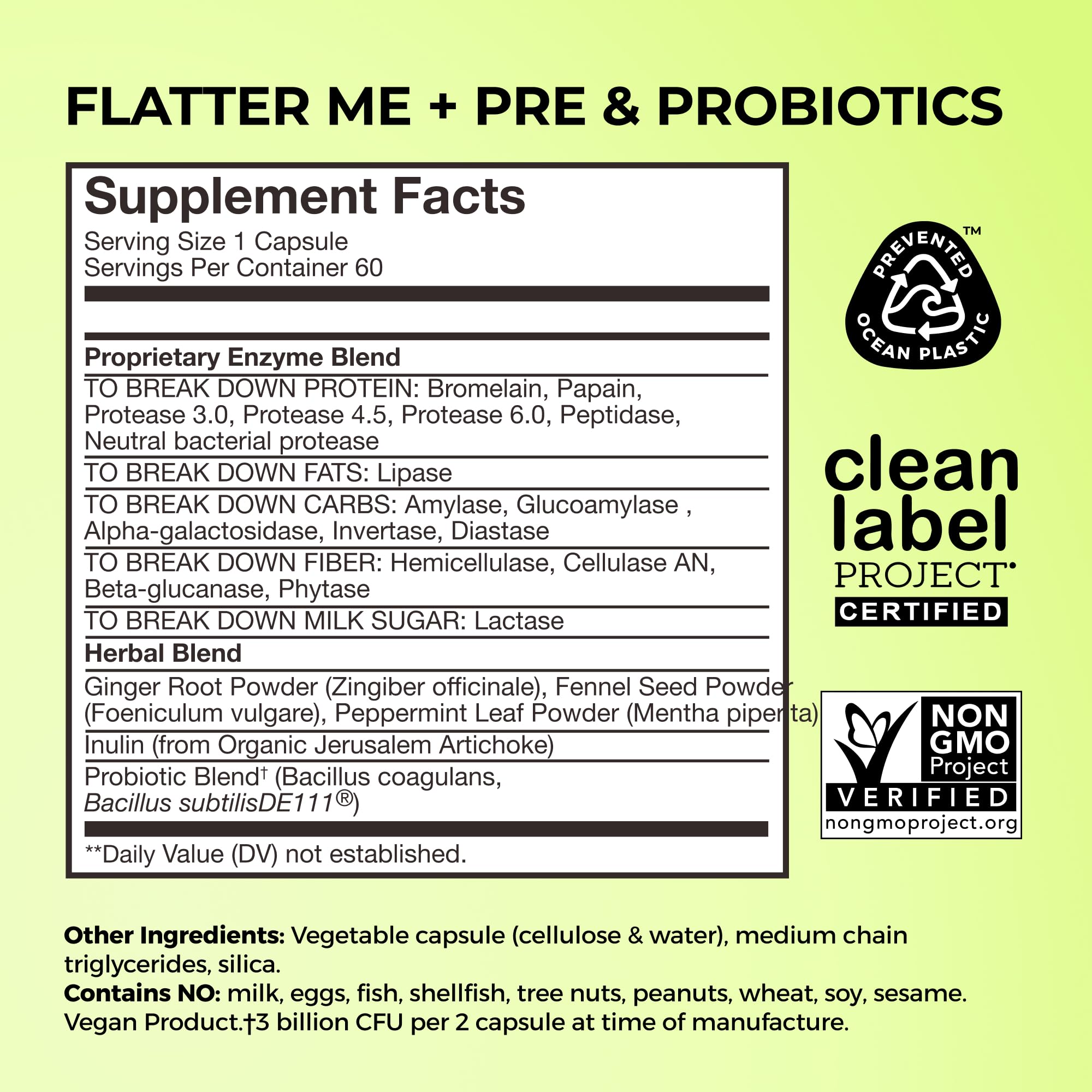 HUM Flatter Me ingredients label detailing enzymes and herbs for gut health