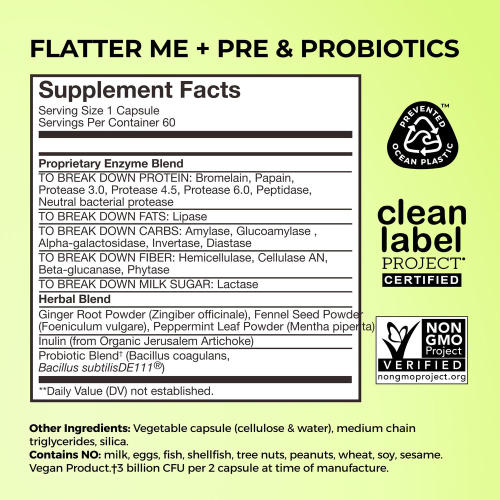 HUM Flatter Me ingredients label detailing enzymes and herbs for gut health