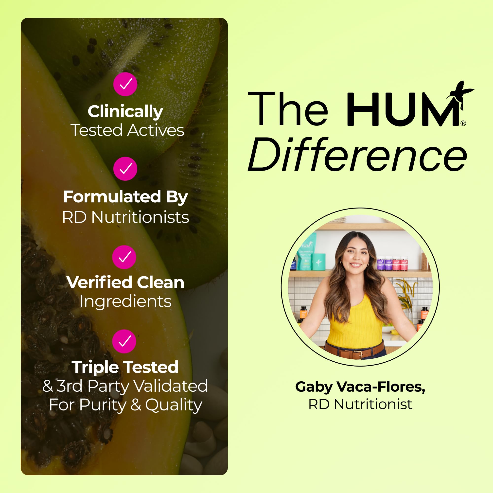 HUM Flatter Me vegan and non-GMO badge highlights clean label commitment.