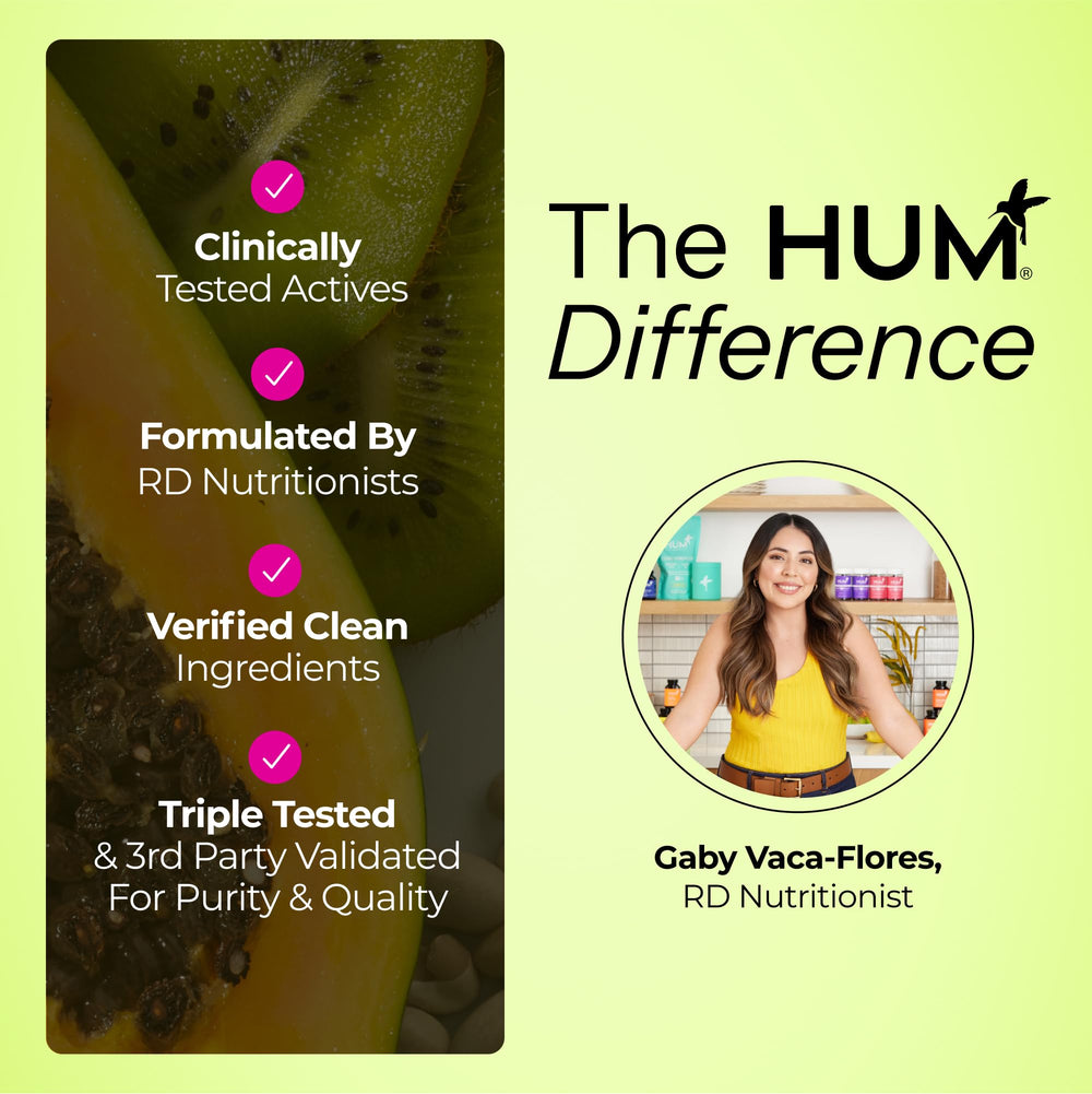 HUM Flatter Me with meal usage scene showing easy take-anytime routine