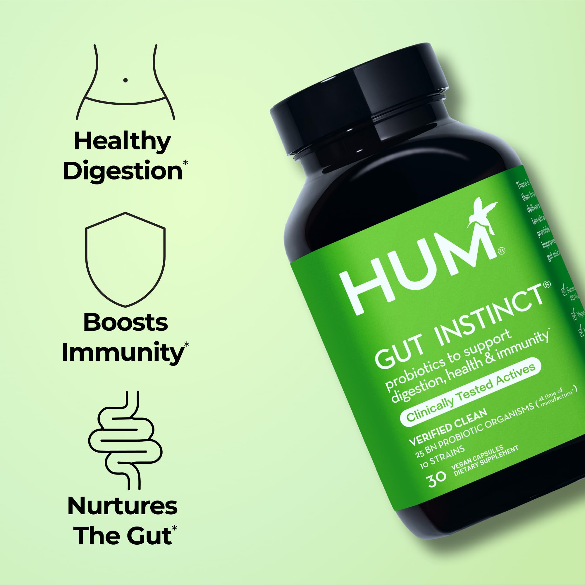 Close-up of HUM Gut Instinct capsules highlighting daily use