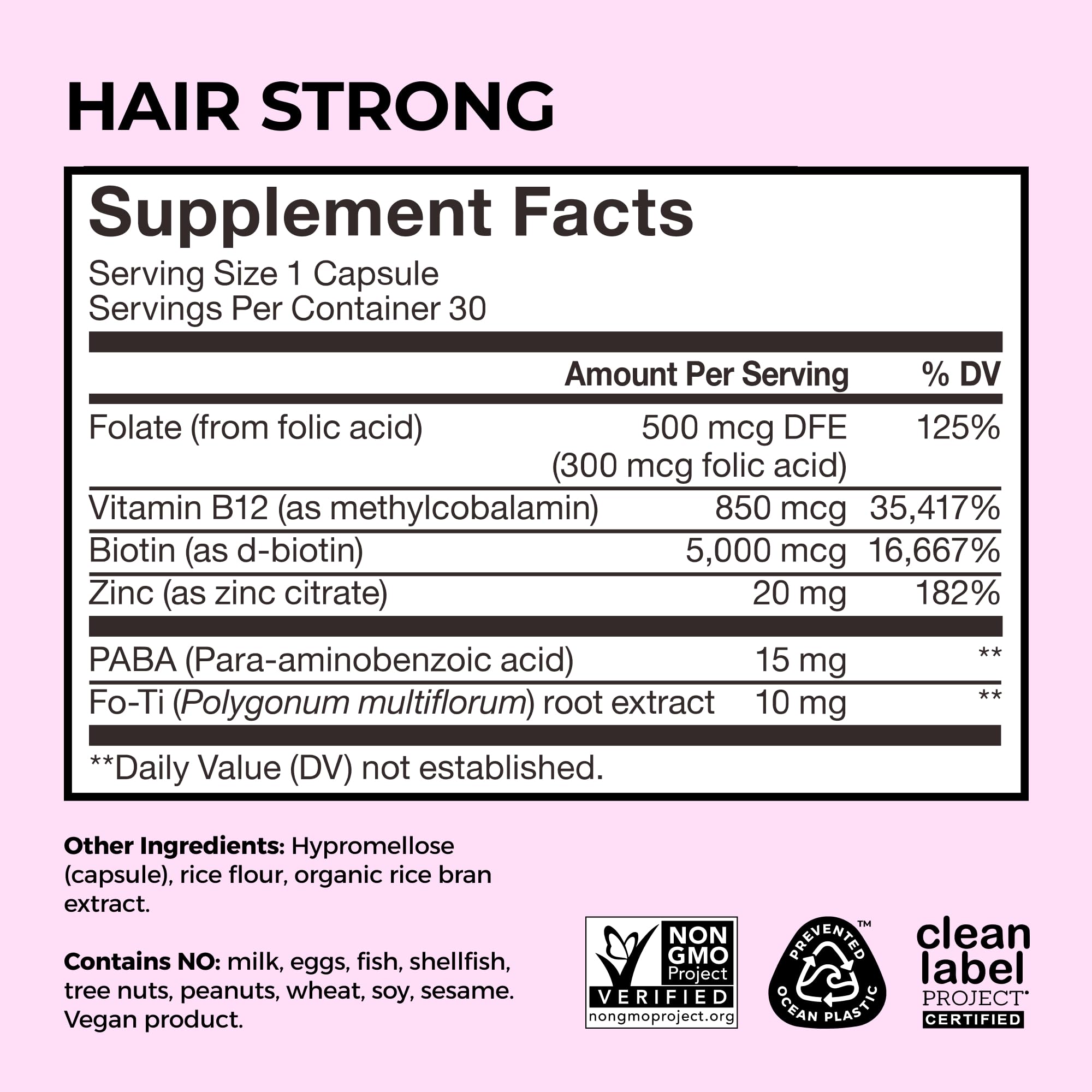 Hum Hair Strong product label highlighting Clean Label certification