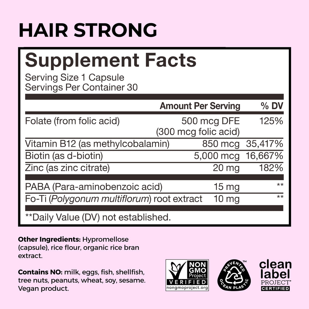 Hum Hair Strong product label highlighting Clean Label certification