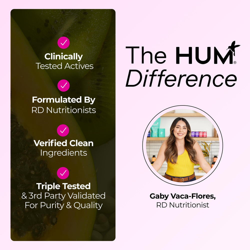 HUM Hair Strong display featuring the strawberry-flavored gummies
