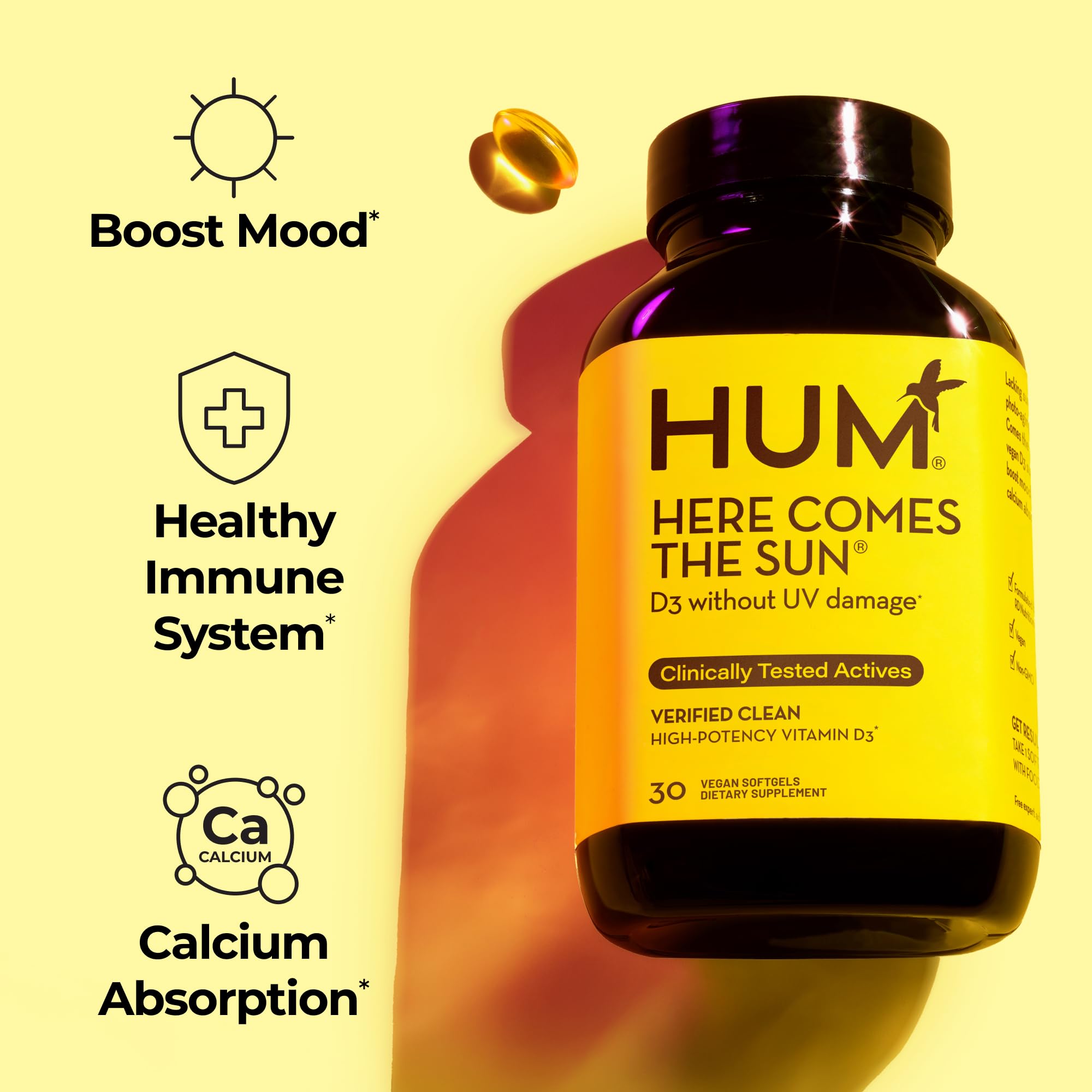 HUM Here Comes The Sun vitamin D3 2000 IU softgels for bone health support.