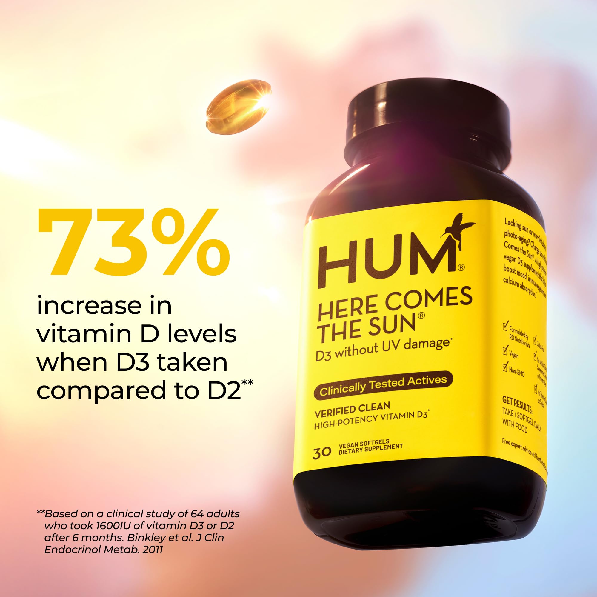 HUM Here Comes The Sun lichen-derived D3 vegan immune support.