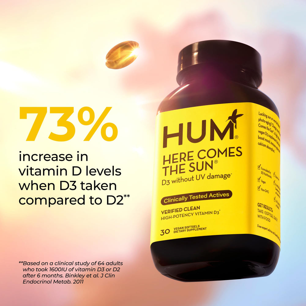 HUM Here Comes The Sun lichen-derived D3 vegan immune support.