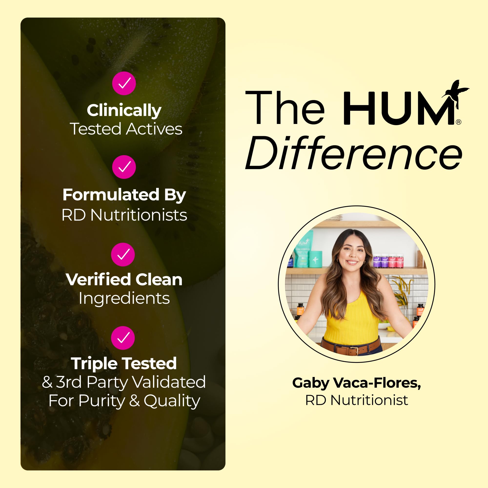 HUM Here Comes The Sun hand holding softgel bottle for on-the-go use.