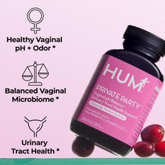 HUM Private Party capsules displayed to show Lactobacillus and cranberry blend