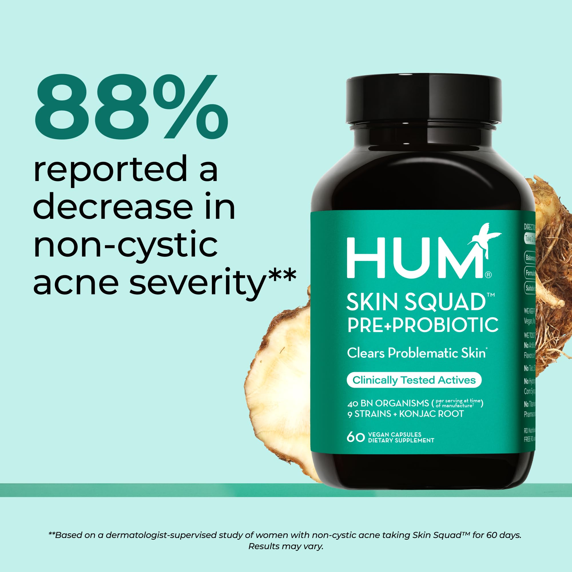 Hum Skin Squad box front highlighting vegan, non-GMO formula for holistic wellness.