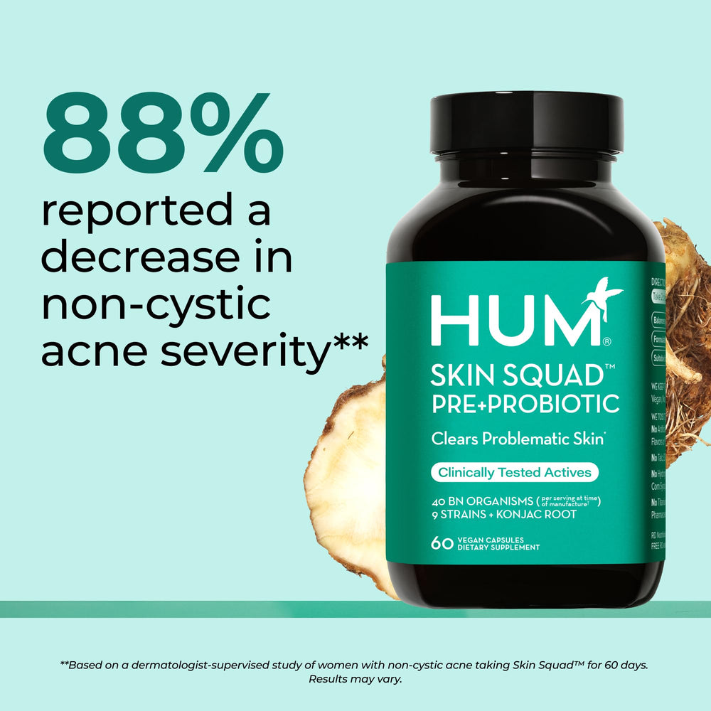Hum Skin Squad box front highlighting vegan, non-GMO formula for holistic wellness.