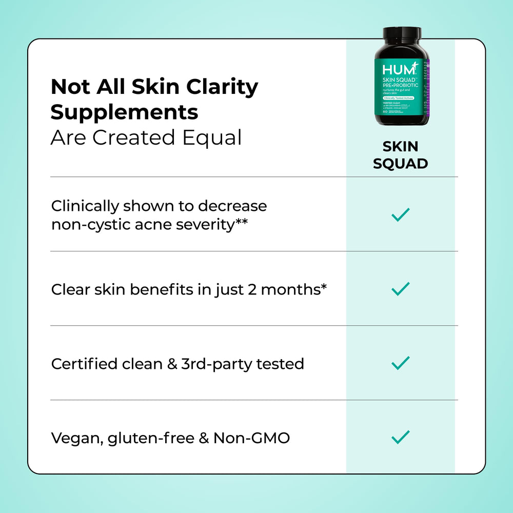 Hum Skin Squad transparency badge highlights vegan, non-GMO clean formulation.