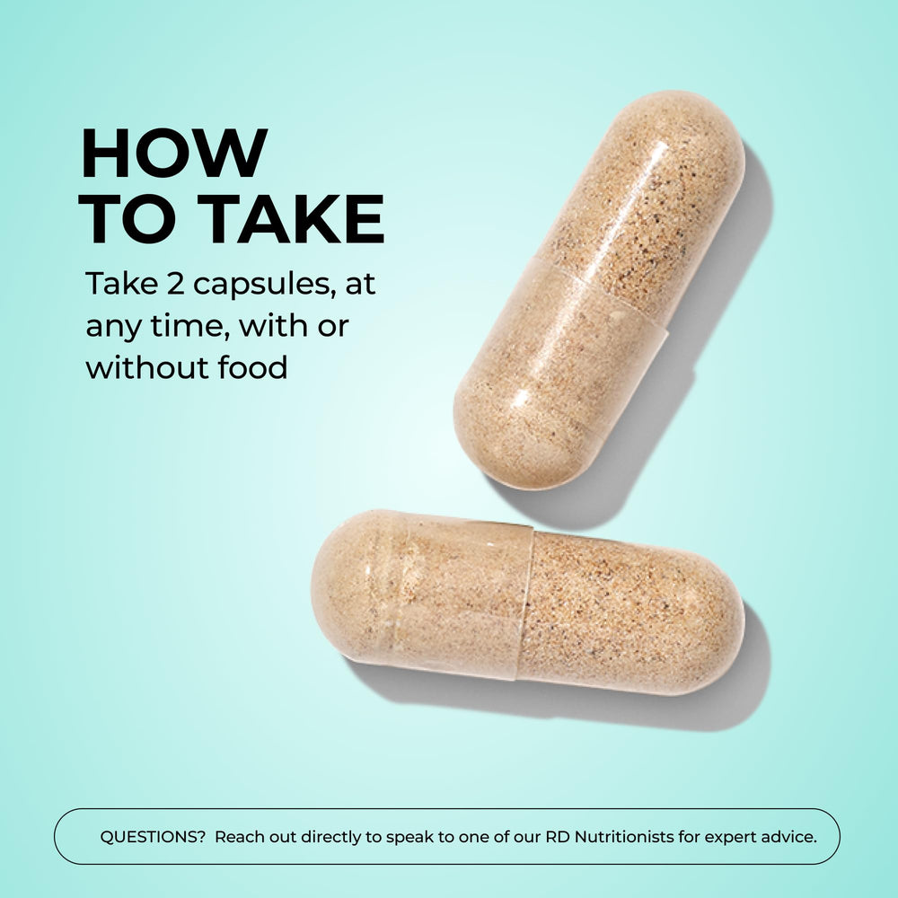 Hum Skin Squad lifestyle shot shows taking capsules anytime for skin and gut support.