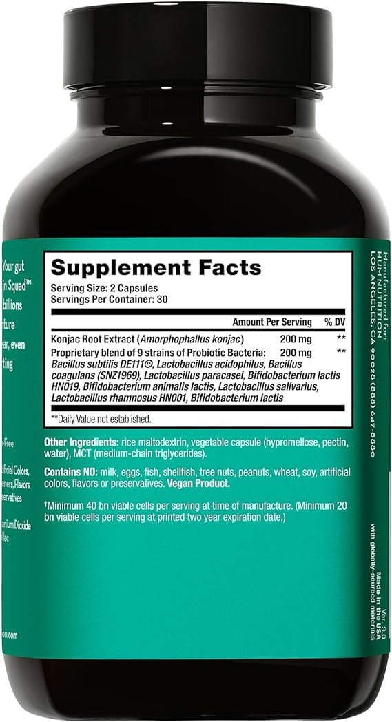 Hum Skin Squad label detail emphasizing prebiotic plus nine probiotic strains.