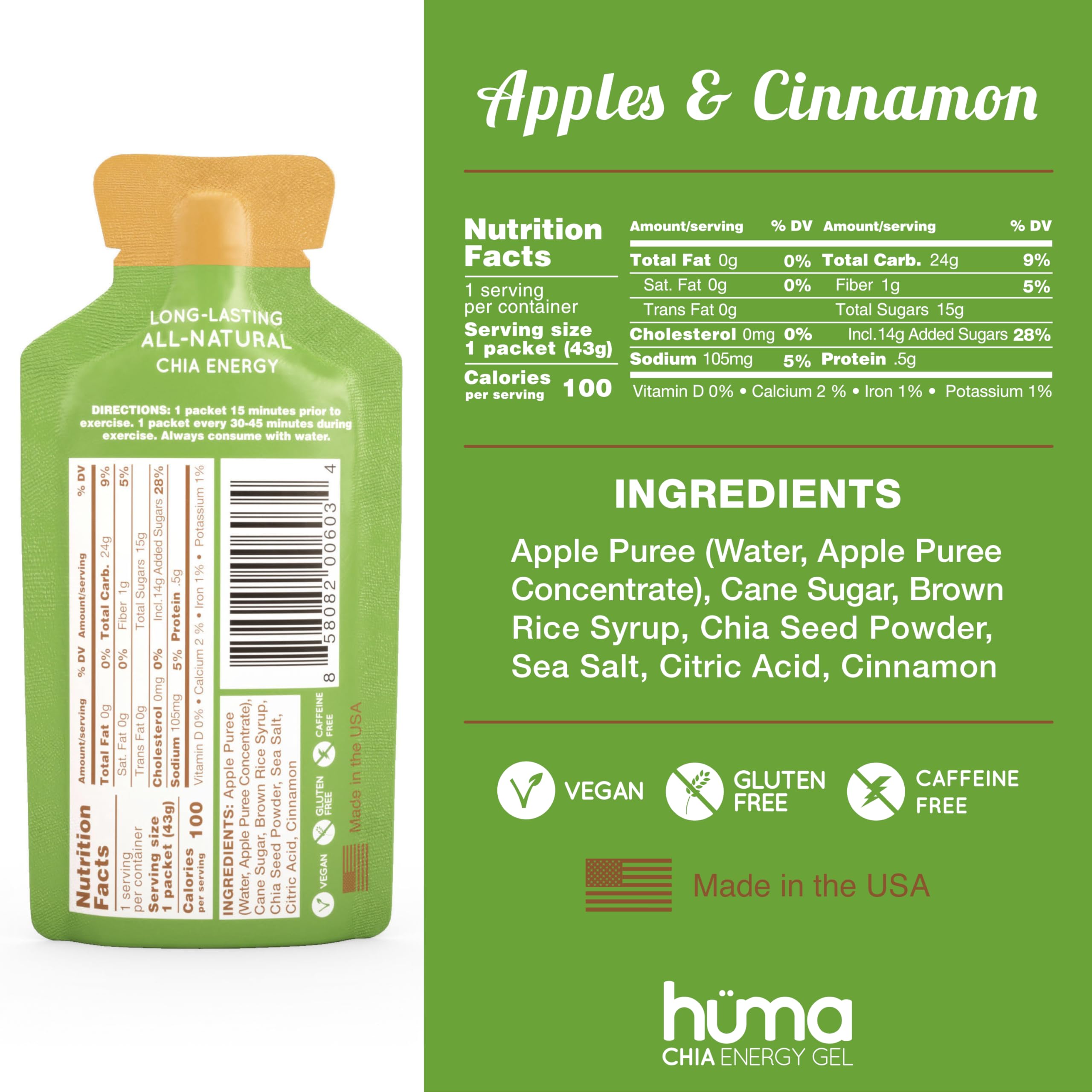 Close-up of Apple & Cinnamon gel tube showing chia seeds and smooth texture.