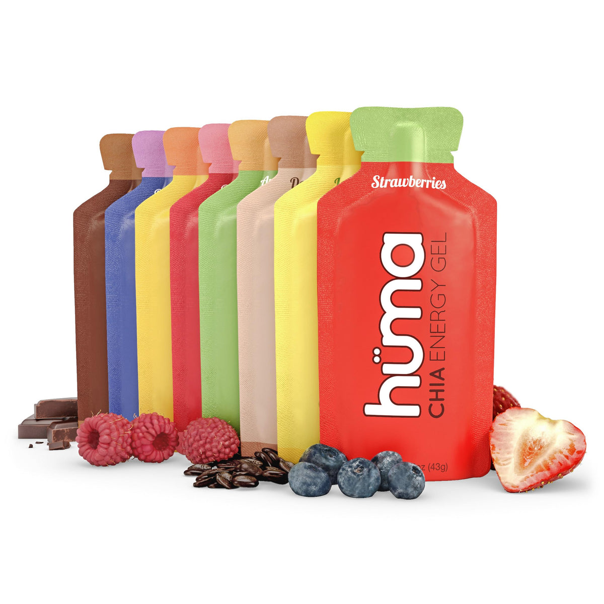 Huma Chia Energy Gel variety pack front view for endurance fueling on the go.