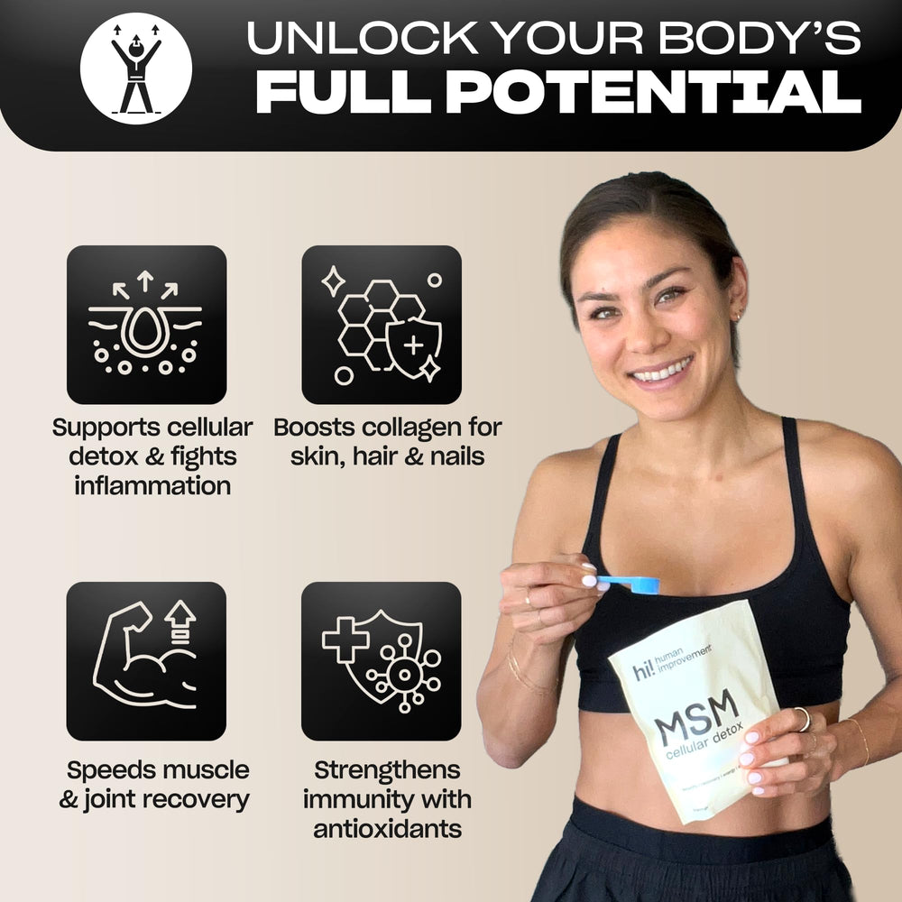 Label on Human Improvement Pure MSM Powder showing purity and USA-made quality.