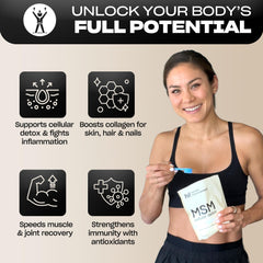 Label on Human Improvement Pure MSM Powder showing purity and USA-made quality.