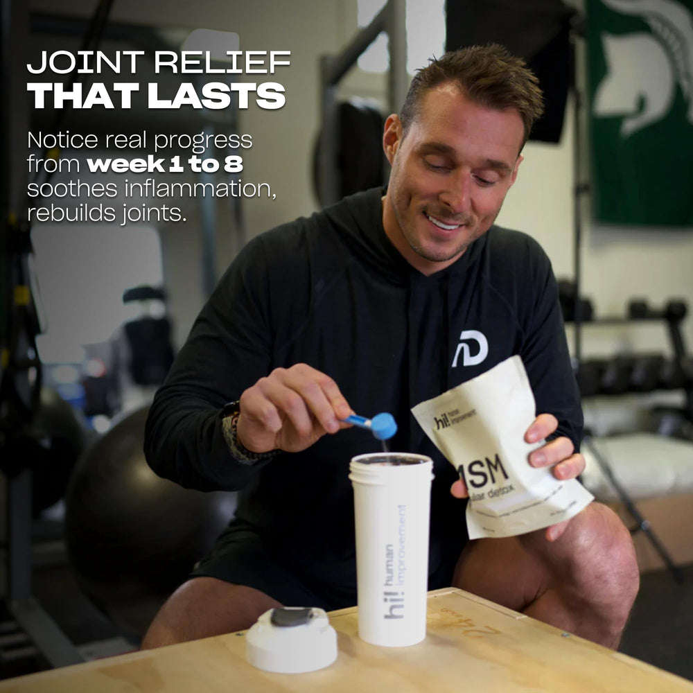 Human Improvement Pure MSM Powder packaging highlights USA-made quality and 64 servings.