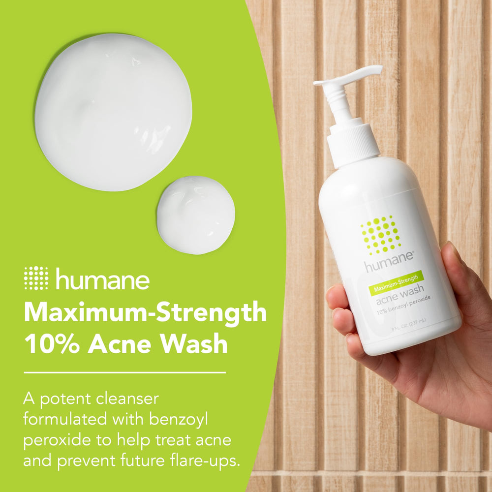 Humane Benzoyl Peroxide Acne Wash bottle back label with usage directions and SLS-free ingredients.