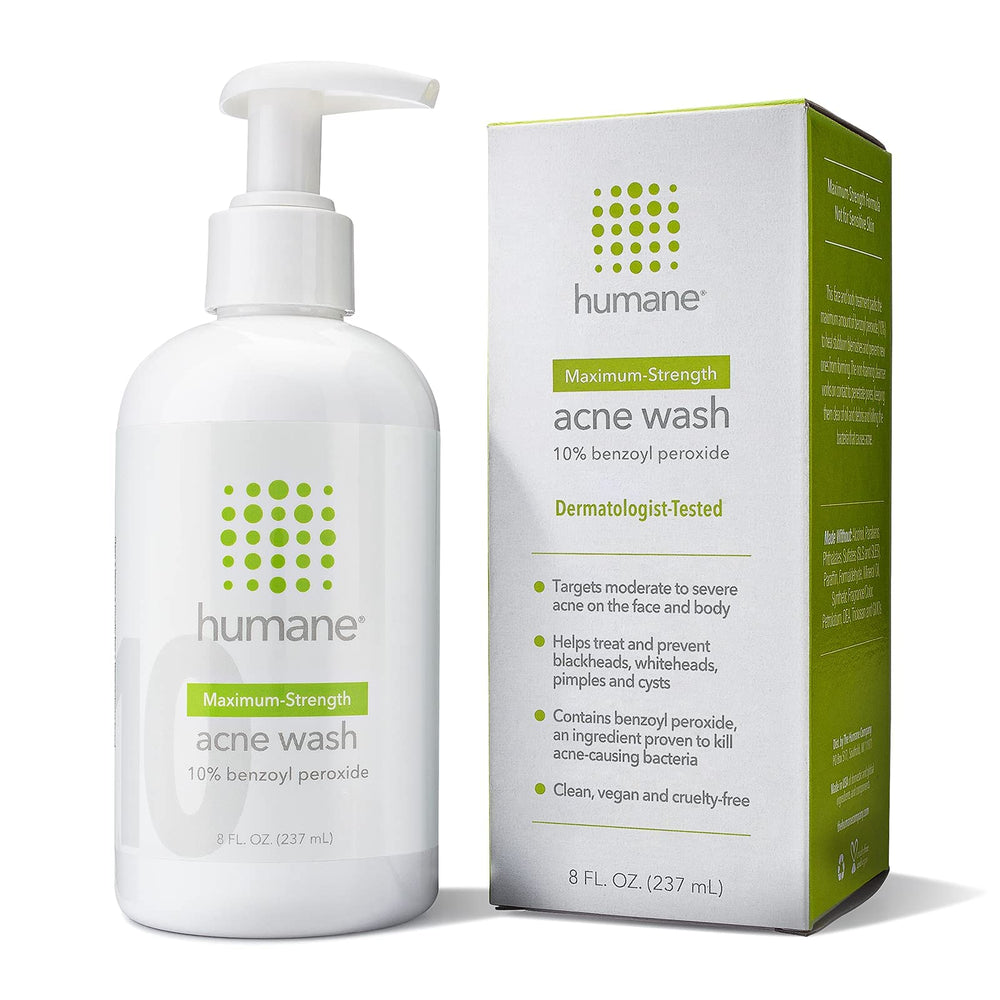 Humane Benzoyl Peroxide Acne Wash bottle front view highlighting maximum-strength formula for body acne.