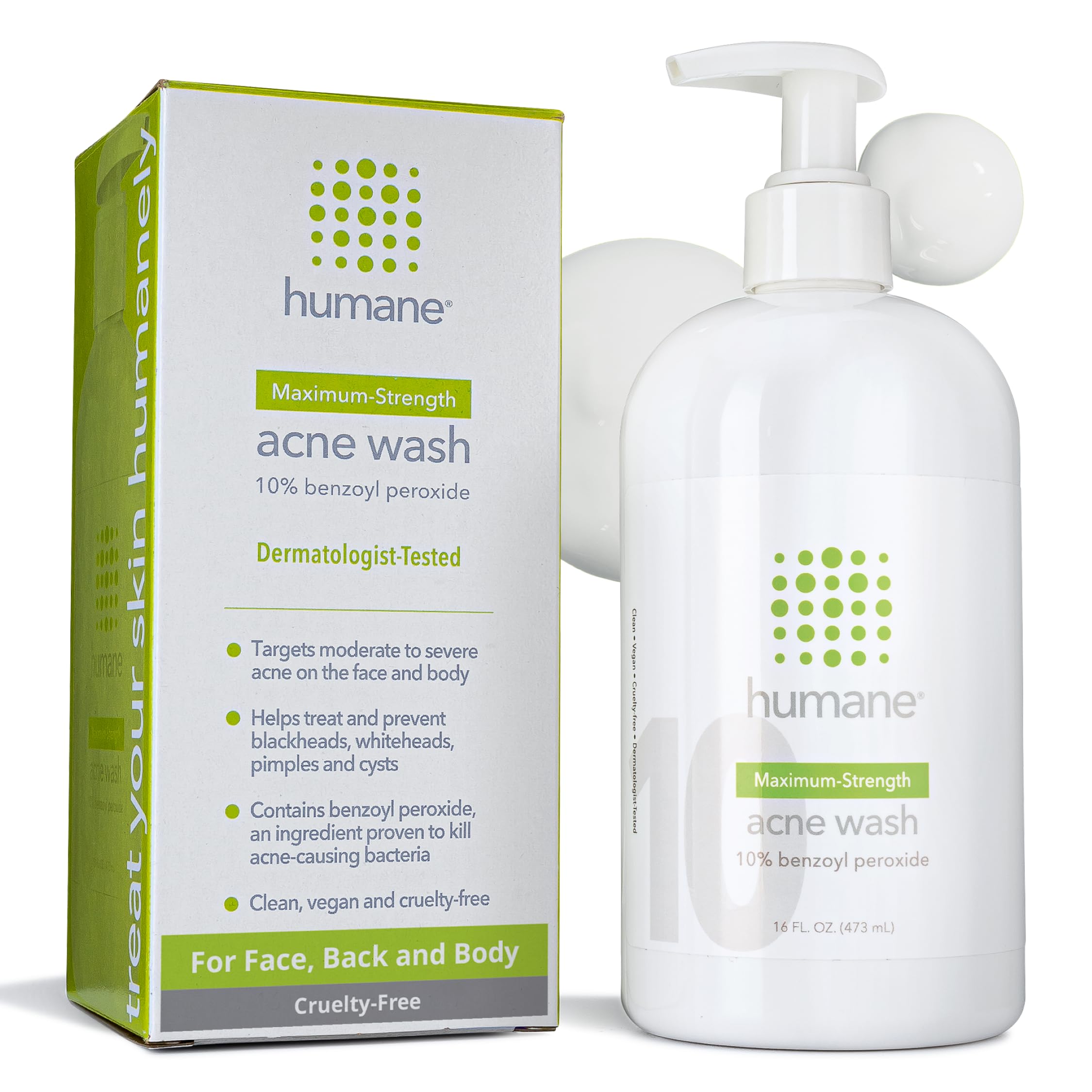 Humane benzoyl peroxide acne wash bottle with pump for easy daily use.