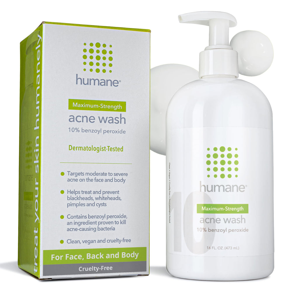 Humane benzoyl peroxide acne wash bottle with pump for easy daily use.