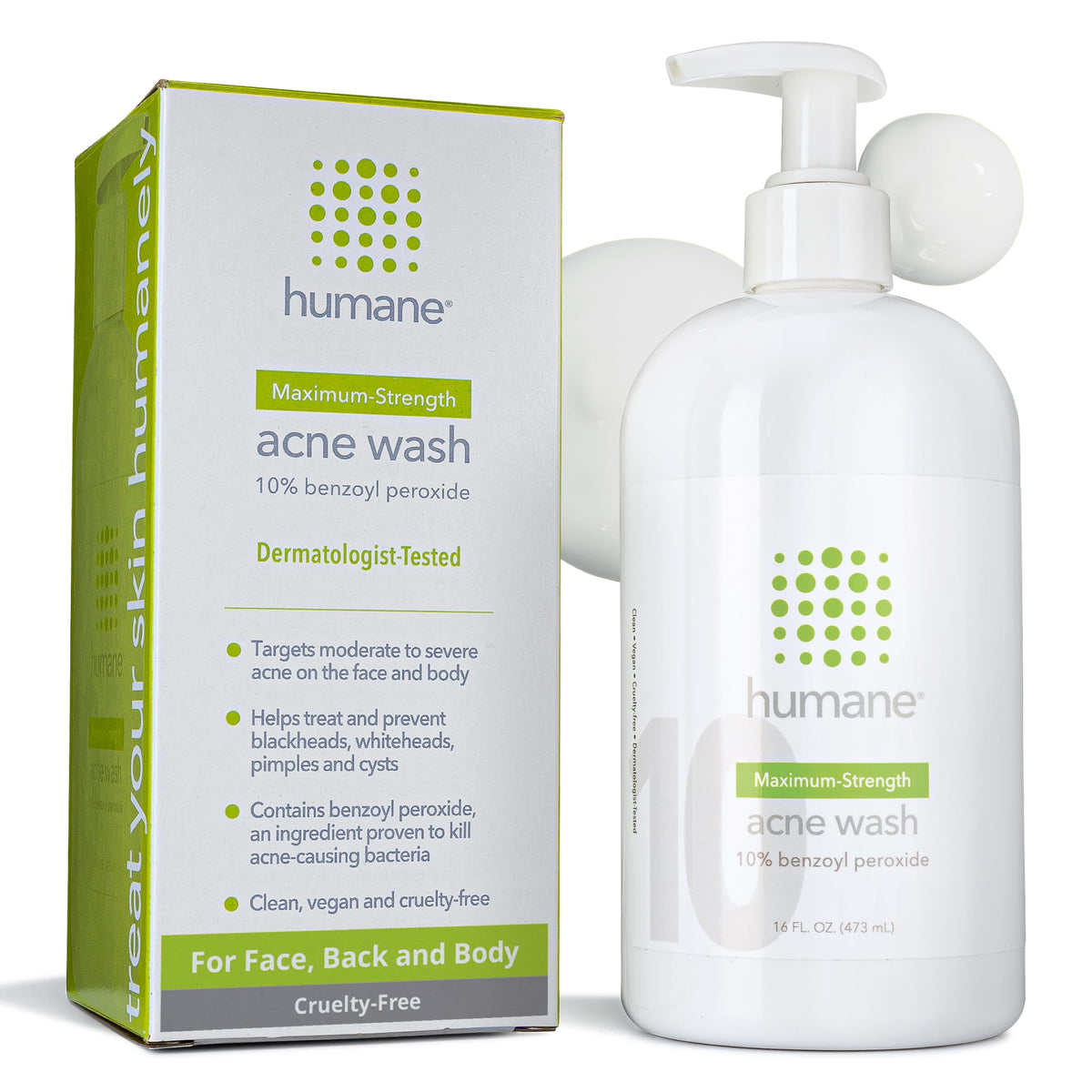 Humane benzoyl peroxide acne wash bottle with pump for easy daily use.