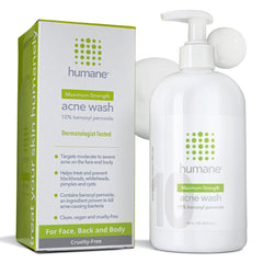 Humane benzoyl peroxide acne wash bottle with pump for easy daily use.