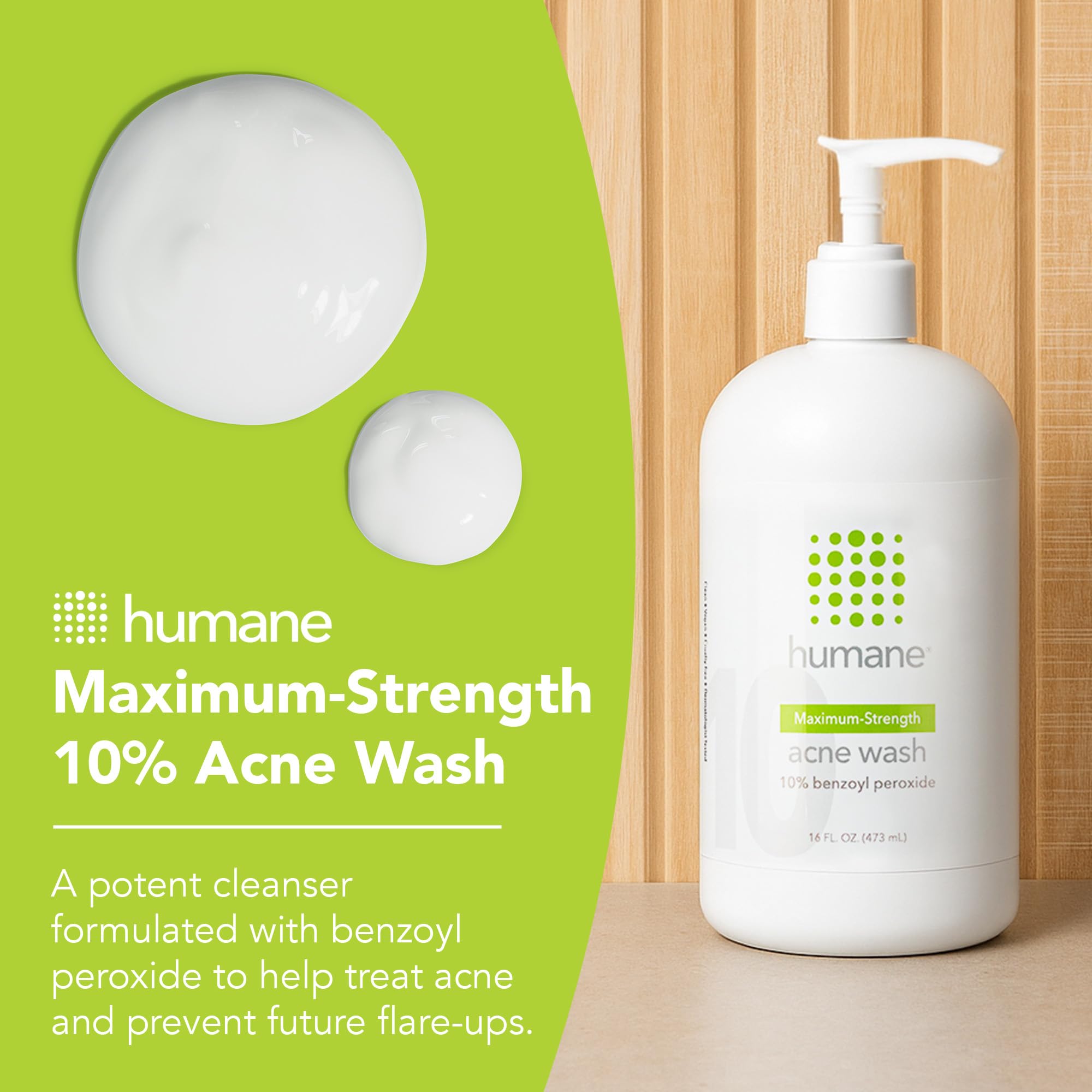 Close-up of Humane acne wash pump-dispense showing controlled application.